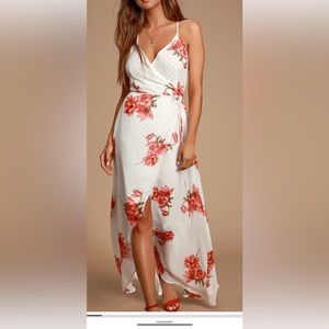 Lulus Maxi Dress Wrap  Size S Louiselle Floral Polka Dots White Coral